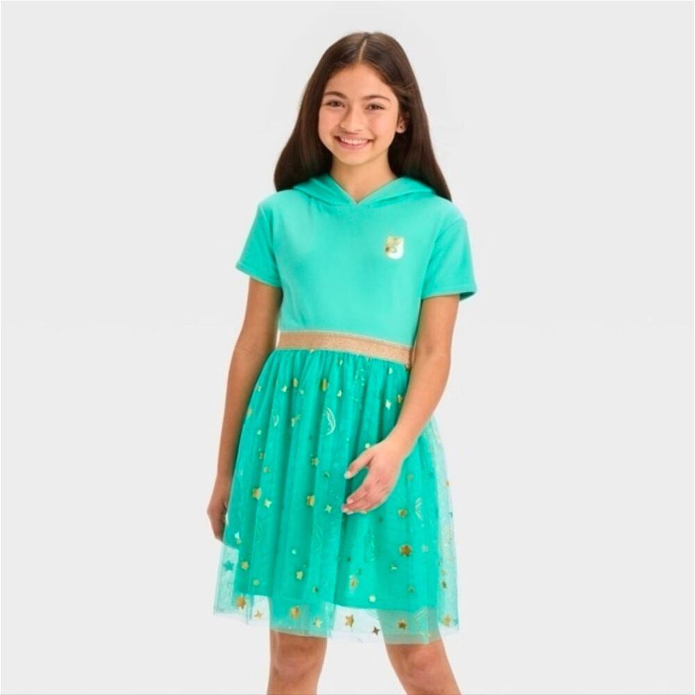 Squishmallows Teal Hooded Girls Dress with Gold Accents